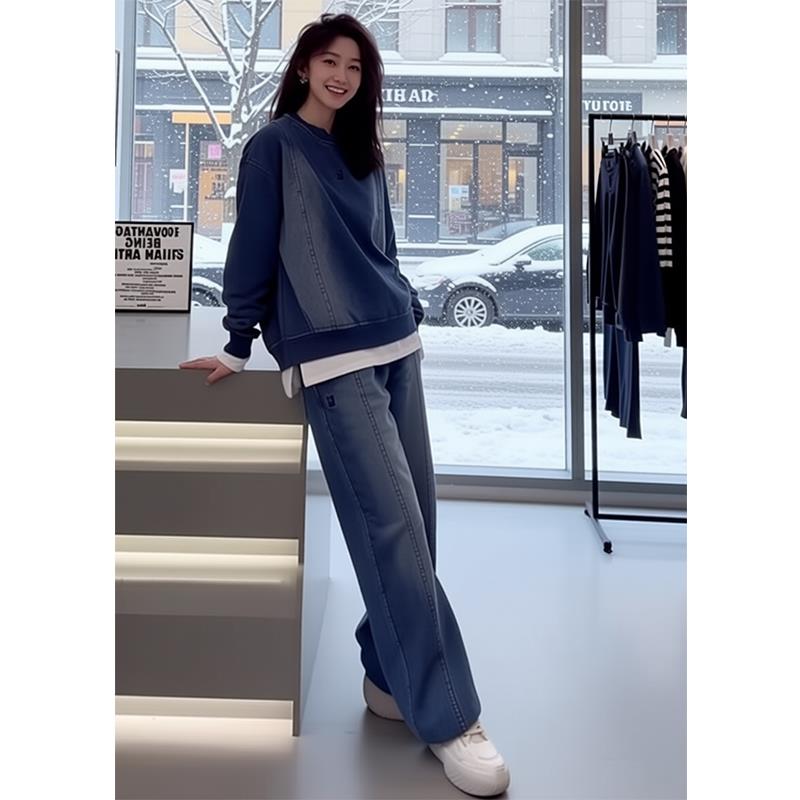 ROUMIKL加绒牛仔卫衣套装女2025秋冬宽松又a又飒两件套休闲运动装