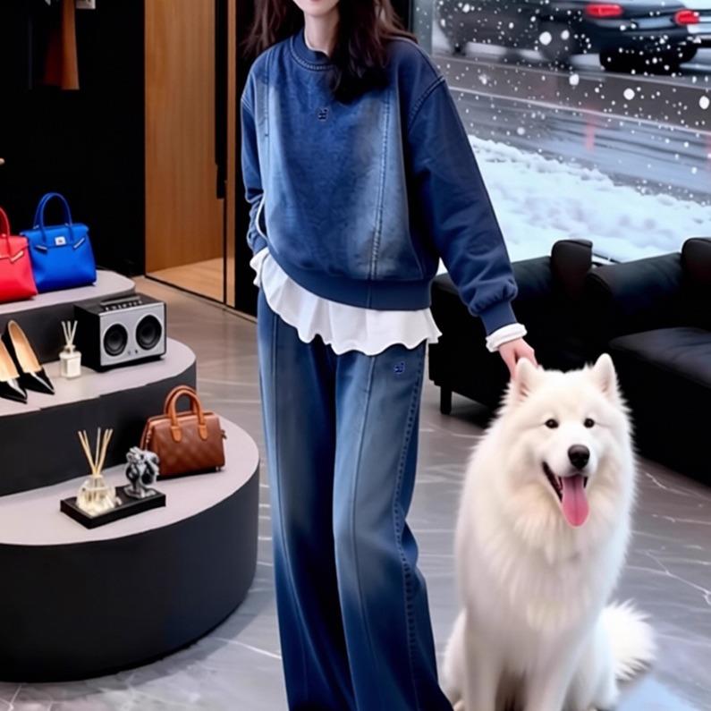 ROUMIKL慵懒风牛仔卫衣阔腿裤套装女春秋两件套又a又飒休闲运动套