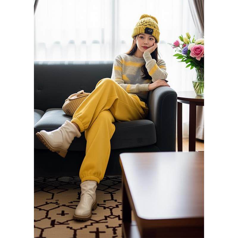 ROUMIKL韩剧穿搭条纹毛衣黄色束脚裤两件套装女2025秋冬减龄洋气
