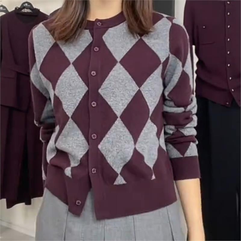ROUMIKL菱形格纹撞色单排扣针织开衫2025年秋季新款韩版轻熟风大