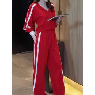 ROUMIKL红色休闲运动套装女秋冬显瘦V领卫衣阔腿裤两件套炸街