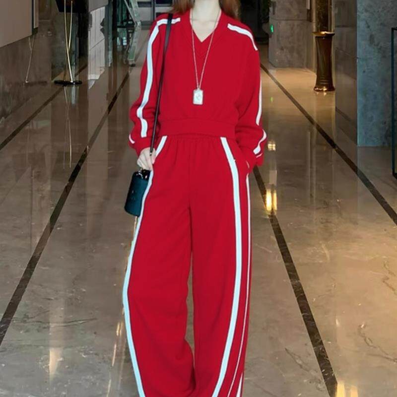 ROUMIKL2025新款红色V领运动套装女撞色条纹阔腿裤时尚气质减龄两
