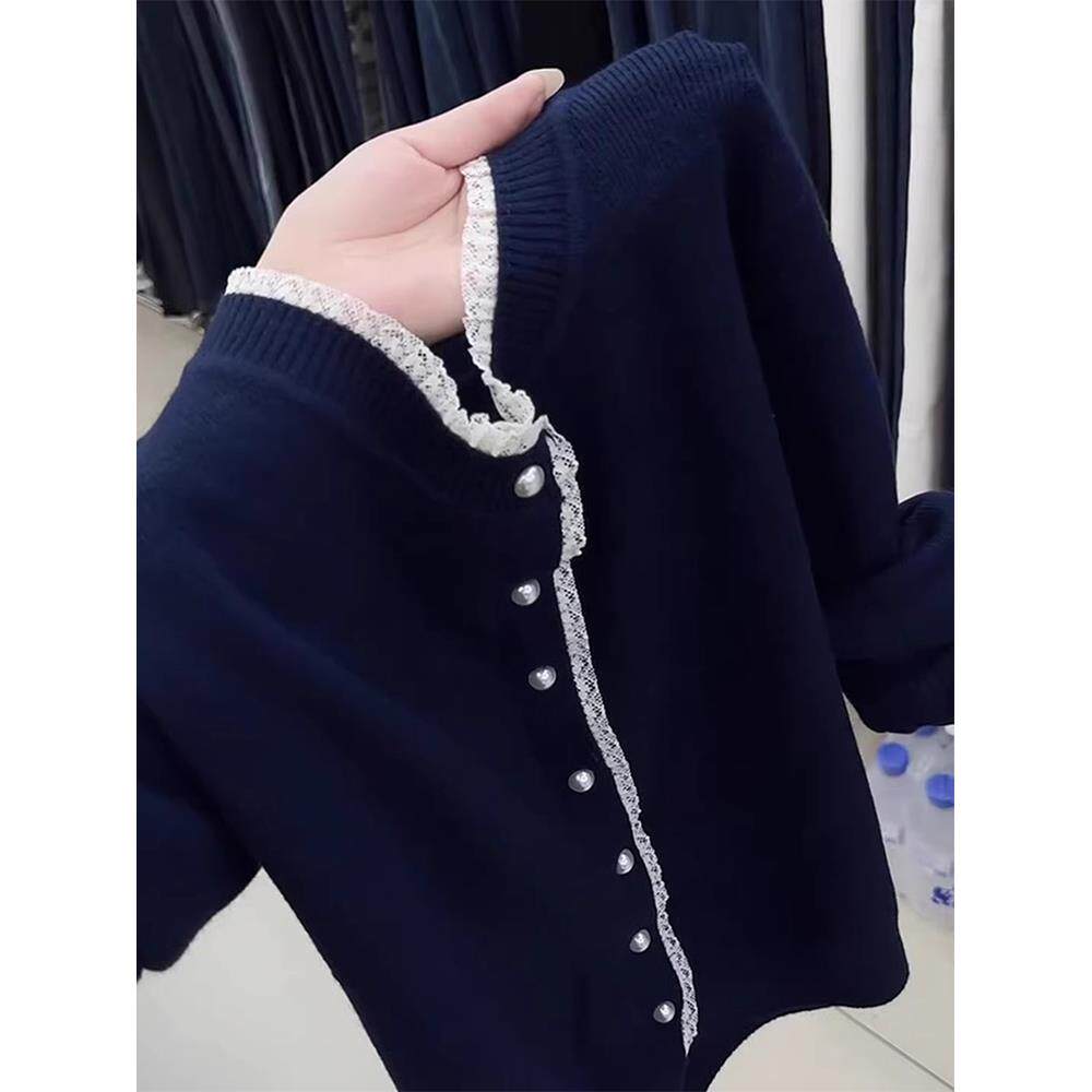 ROUMIKL韩系chic蕾丝边拼接针织开衫女2025秋季新款洋气减龄百搭
