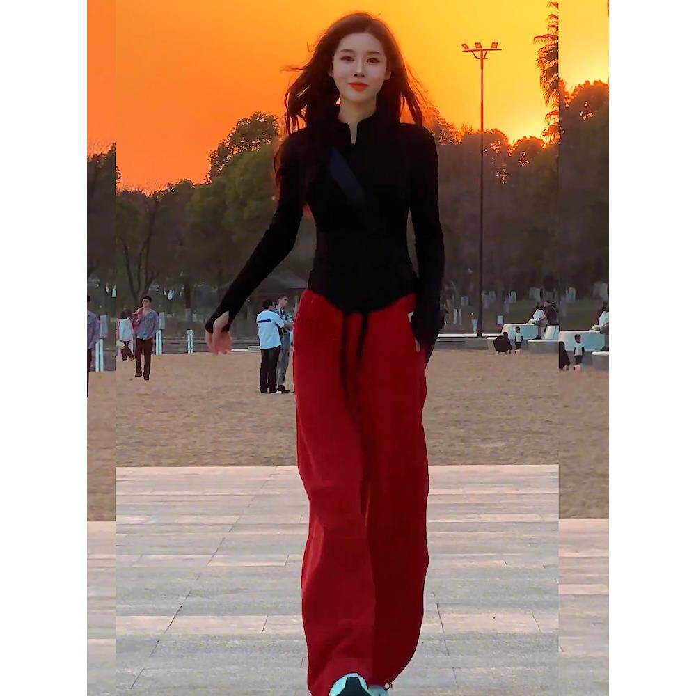 ROUMIKL户外徒步登山休闲运动套装女秋修身显瘦开衫上衣红色阔腿