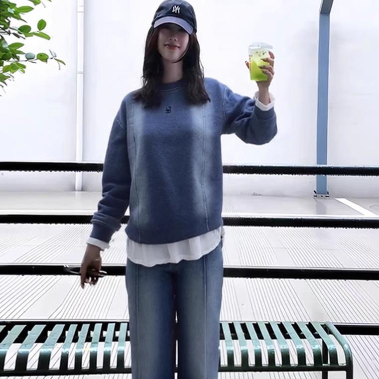 ROUMIKL大码女装加绒牛仔卫衣+牛仔裤慵懒风又a又飒两件套装女冬