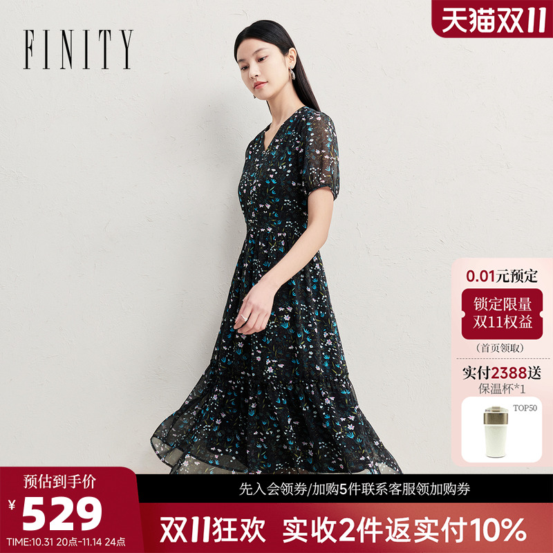 FINITY菲妮迪黑底印花垂感碎花雪纺连衣裙2025年夏季新品气质长裙