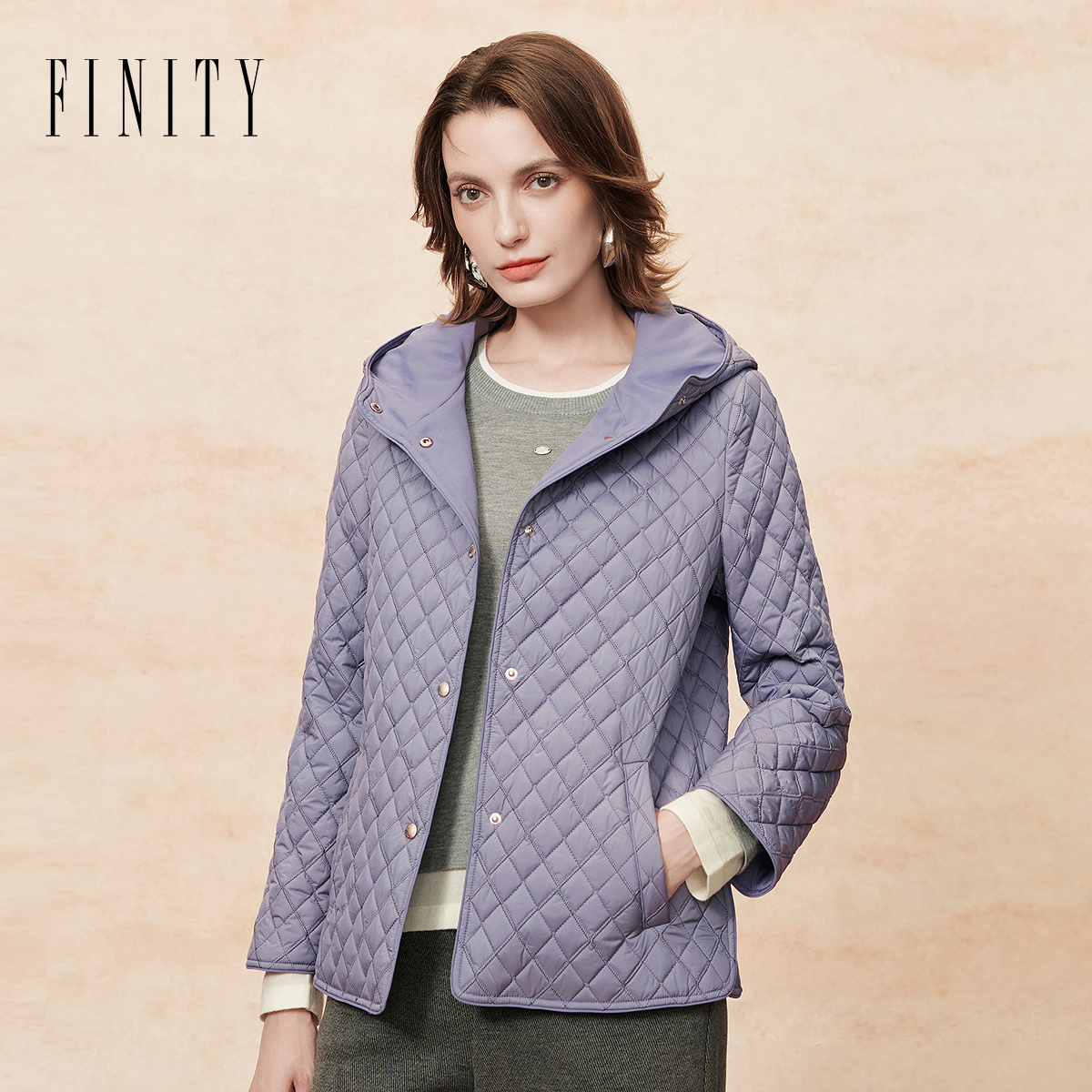 FINITY菲妮迪绗缝连帽轻薄款棉衣女2025年秋冬新款菱格棉服外套