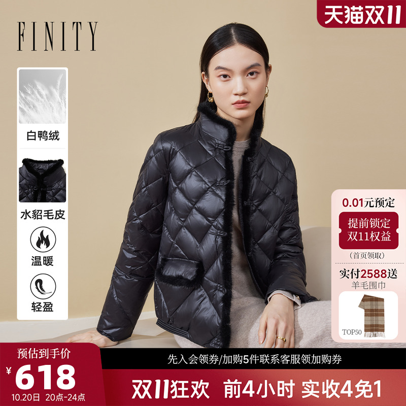 FINITY菲妮迪黑色亮面水貂毛边羽绒服女2025年冬季新款短款外套