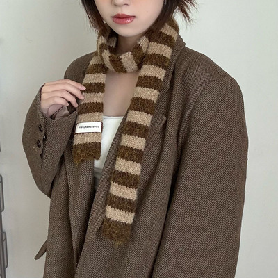 韩国ins秋冬新款y2k细长条条纹腊肠围巾女软糯窄款装饰围脖凹造型
