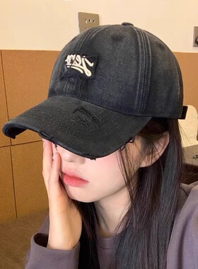 美式水洗牛仔刺绣棒球帽女遮阳大头围破洞弯檐鸭舌帽显脸小情侣款