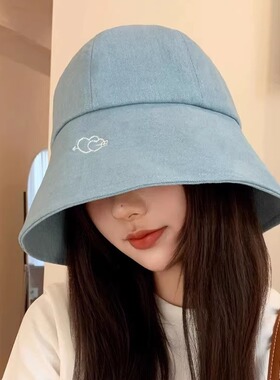 日系字母翻边做旧牛仔渔夫帽春夏女大檐帽遮阳帽显脸小时尚防晒帽