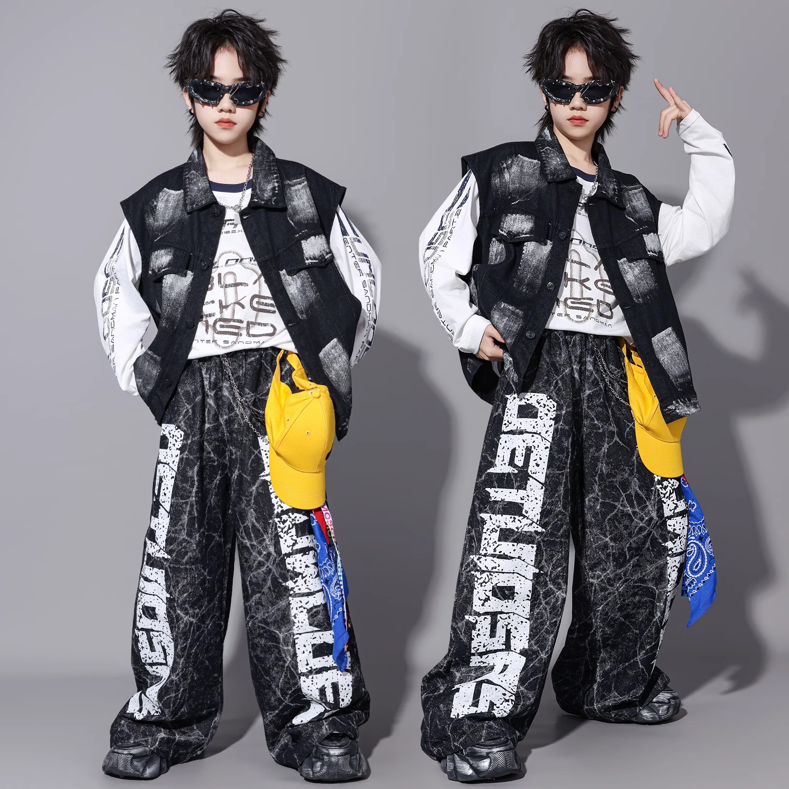 儿童元旦街舞演出服男女童嘻哈风潮服少儿酷帅hiphop炸街马甲套装