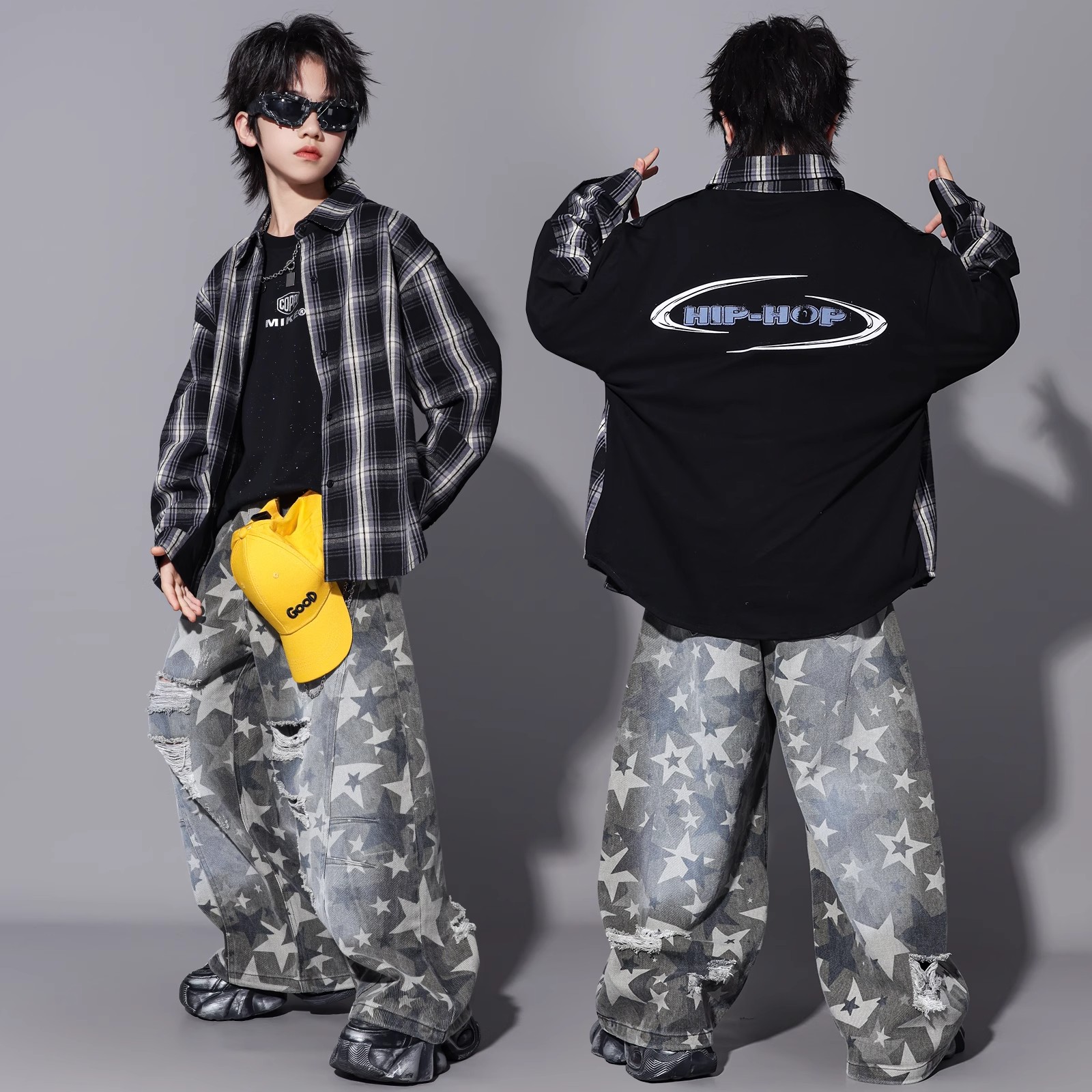 少儿潮牌嘻哈街舞演出服男女童hiphop衬衫套装炸街嘻哈元旦表演服