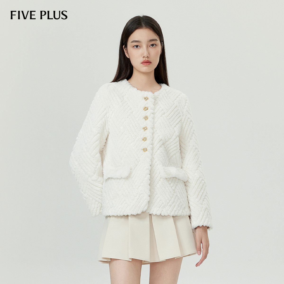 FIVE PLUS毛毛外套女肌理感颗粒绒保暖上衣仿皮草新款女春夏
