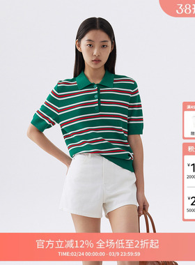 FIVE PLUS针织衫女短袖条纹Polo领套头衫上衣撞色女秋装
