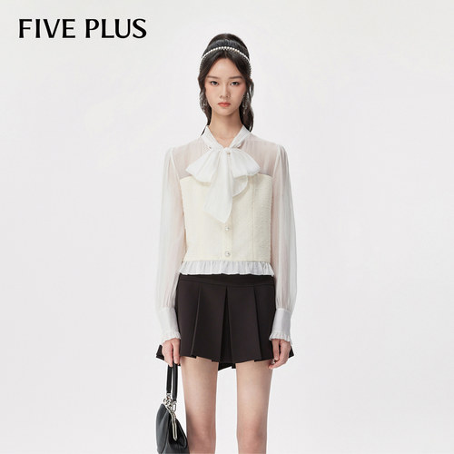 【FIVE PLUS 奥莱】衬衫女小香风蕾丝镂空拼接系带泡泡袖上衣外套