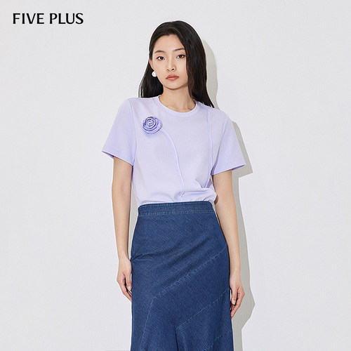 FIVE PLUST恤女上衣短袖直筒宽松套头衫拼花朵纯棉新款女夏装