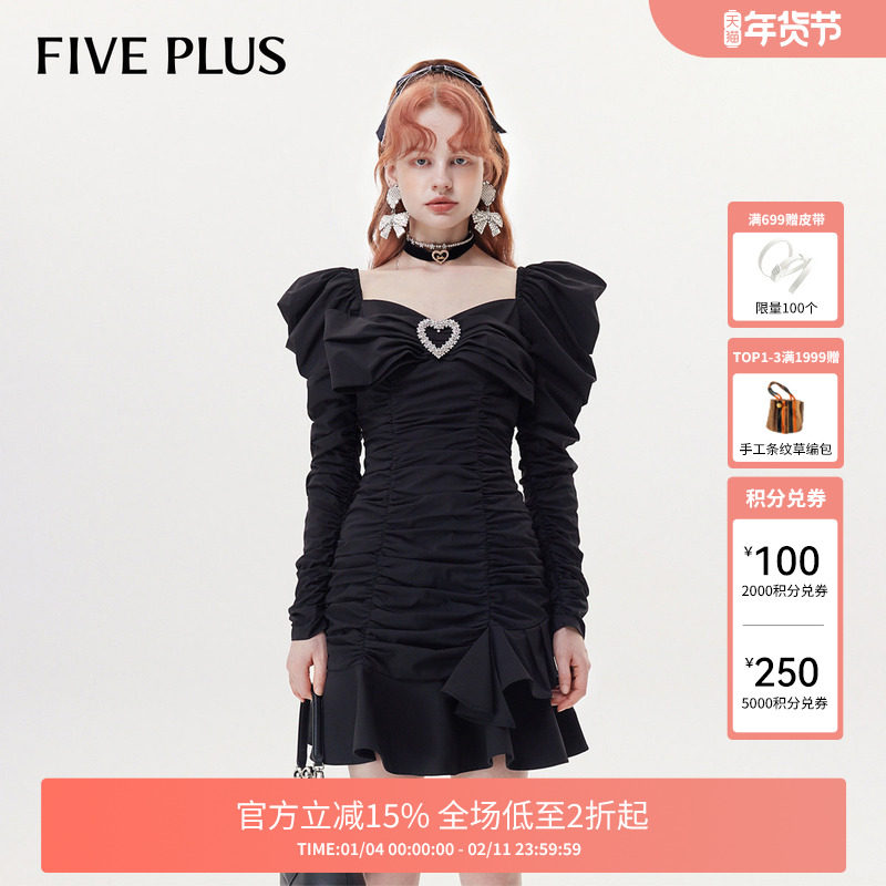 【FIVE PLUS 奥莱】连衣裙女法式泡泡袖褶皱收腰气质小黑裙女秋装,女装/女士精品,连衣裙,淘宝优惠券,粉丝福利购,淘宝优惠卷