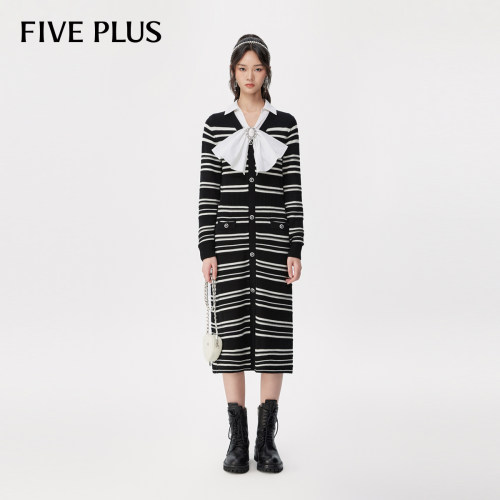 【FIVE PLUS 奥莱】连衣裙女复古条纹针织长袖直筒中长裙子女春夏
