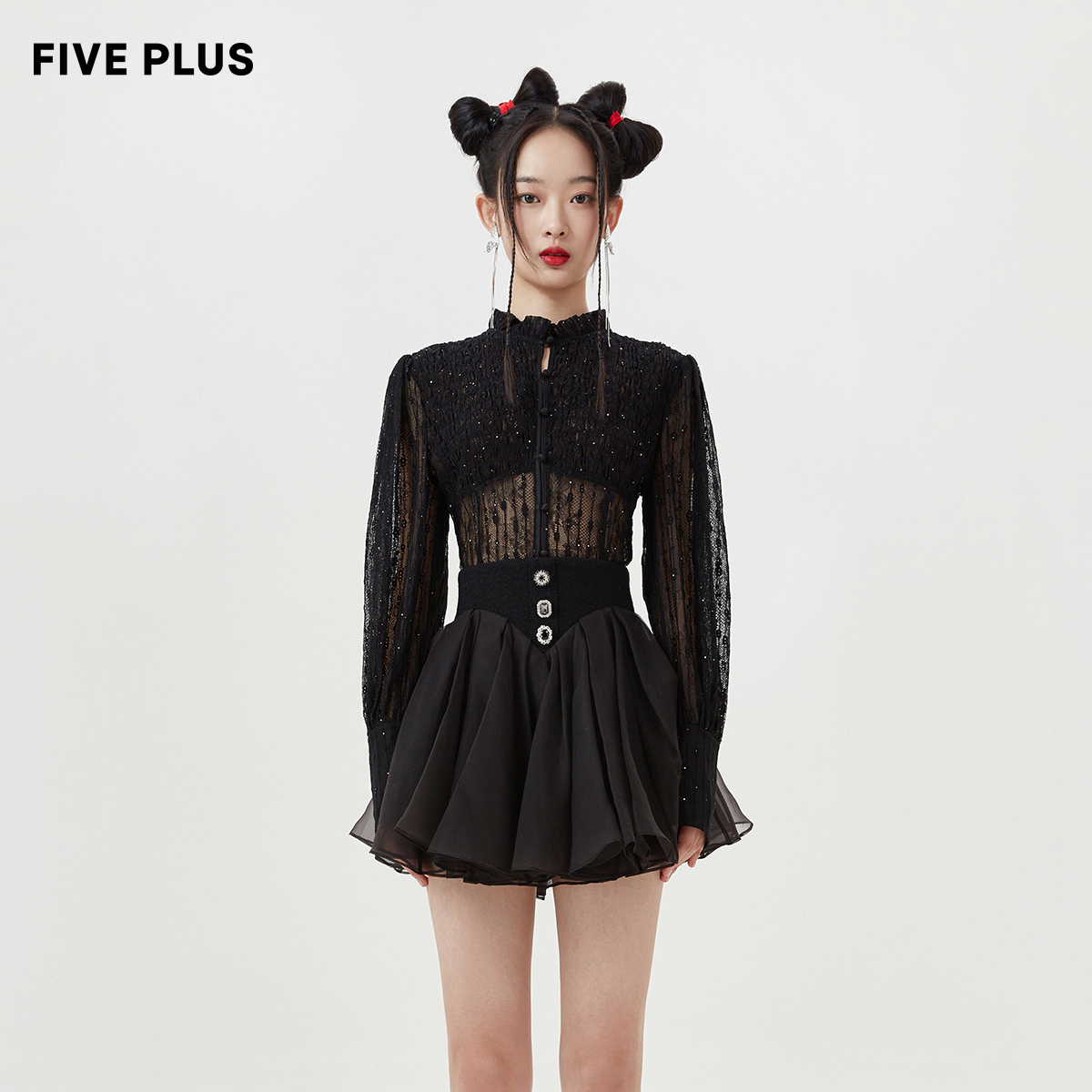 FIVE PLUS衬衫女长袖蕾丝小立领气质内搭衬衣薄款女春装