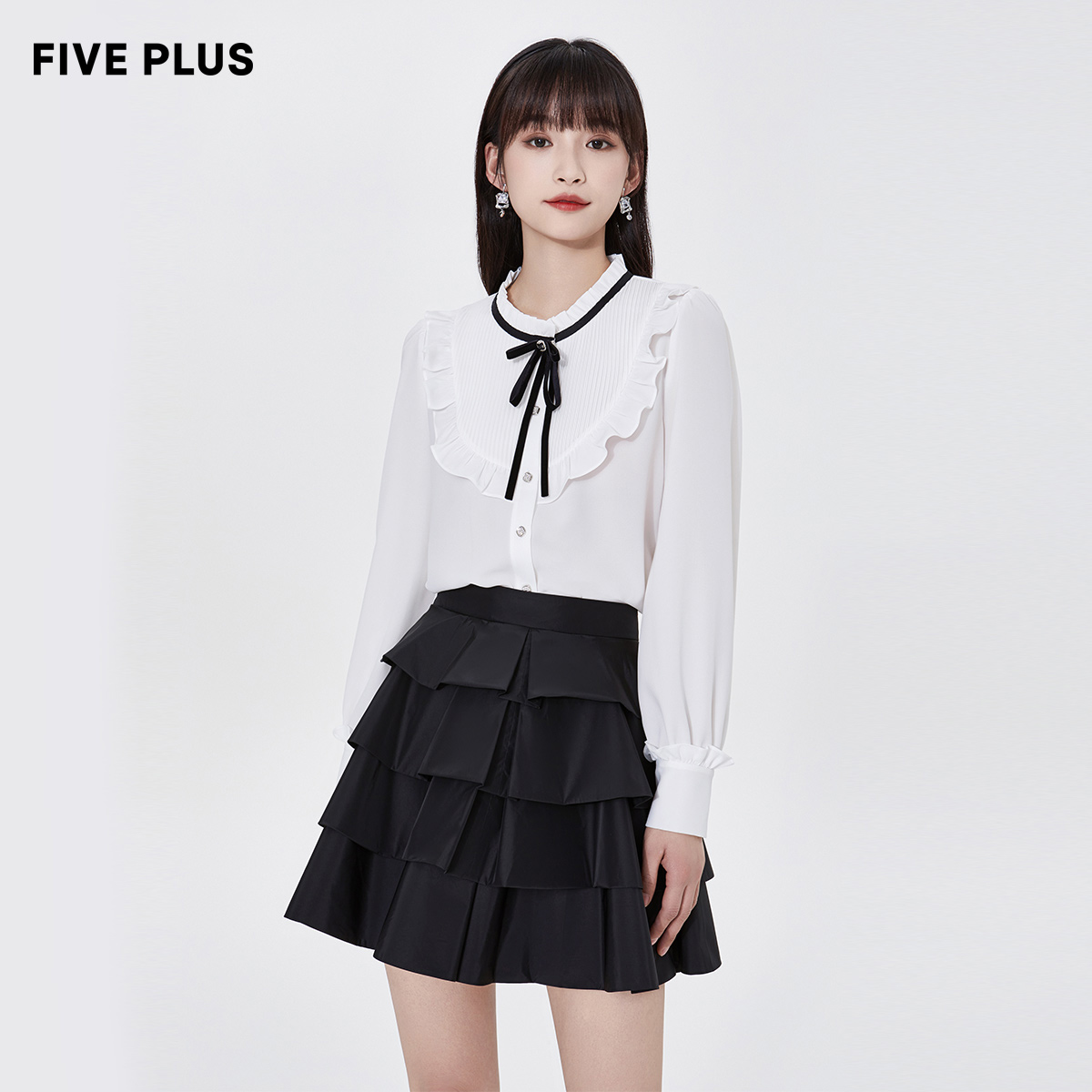 FIVE PLUS女春装荷叶边雪纺白衬衫女宽松设计感衬衣长袖