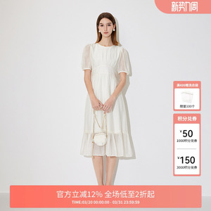 FIVE PLUS连衣裙女泡泡袖中长款裙子高腰优雅花纹复古新款女夏装