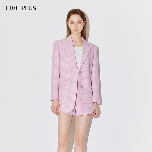 FIVE PLUS西装外套女西服千鸟格宽松中长款多巴胺新款女春装