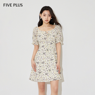 收腰顯瘦裙子女夏裝 FIVE PLUS連衣裙女碎花裙法式 泡泡袖