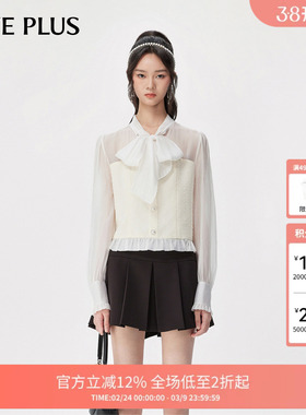 【FIVE PLUS 奥莱】衬衫女小香风蕾丝镂空拼接系带泡泡袖上衣女秋