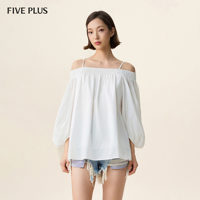 FIVE PLUS露肩一字领衬衫女度假白色刺绣吊带衬衣