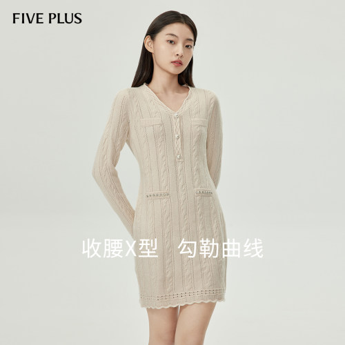 FIVE PLUS连衣裙女美拉德针织裙子法式V领长袖女冬装