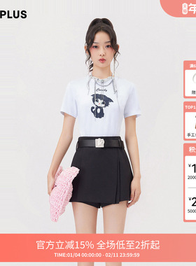 FIVE PLUST恤女猫咪图案短袖不规则字母棉质上衣潮女夏装