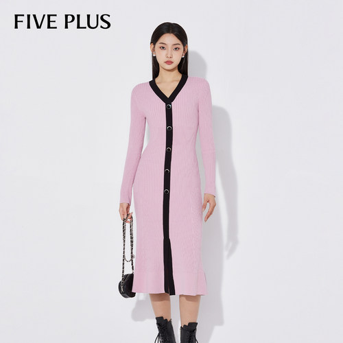 fiveplusV领气质针织长连衣裙