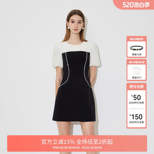 FIVE PLUS连衣裙女裙子法式拼接撞色泡泡袖小黑裙新款女夏装