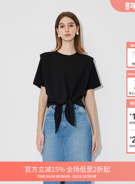 FIVE PLUST恤女上衣设计感绑带短袖宽松圆领莱赛尔新款女夏装