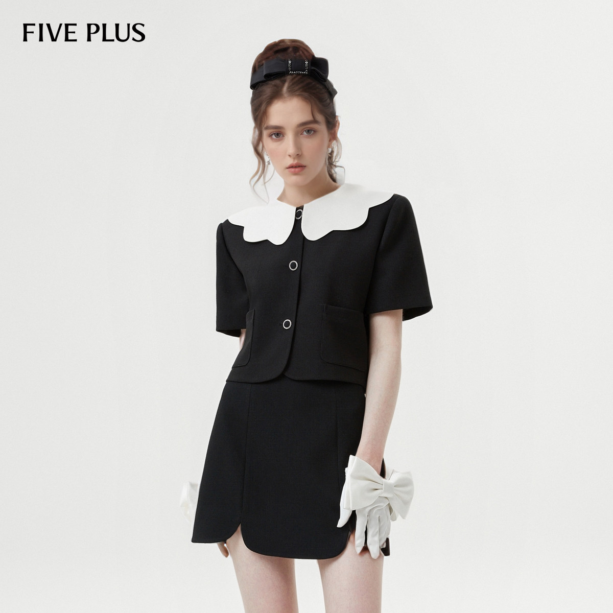 【FIVE PLUS 奥莱】女夏装娃娃领短外套女时尚两件套装搭半身裙子
