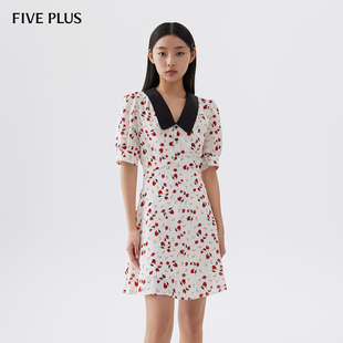 FIVE 高腰翻領(lǐng)復(fù)古女夏裝 PLUS連衣裙女印花短裙子泡泡袖