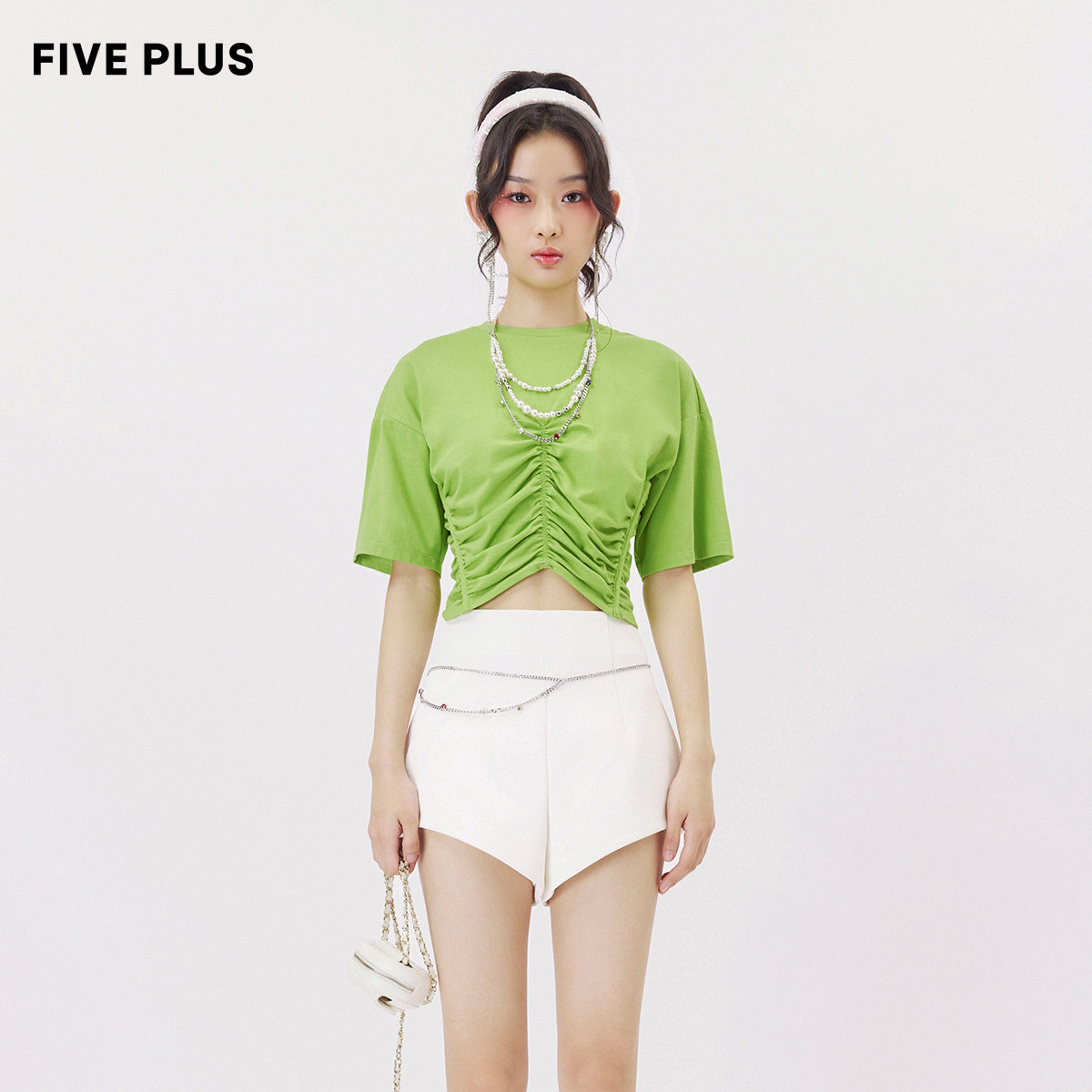 FIVE PLUS锦粘针织T恤女复古褶皱收腰短袖修身上衣落肩圆领女夏装