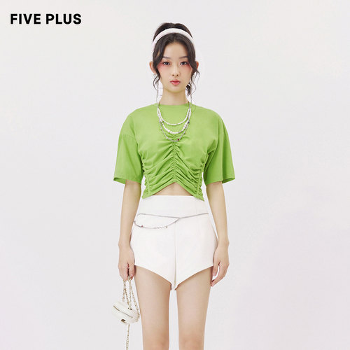 FIVEPLUS短袖复古褶皱短款T恤女