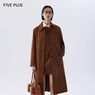 FIVE PLUS长款 大衣女麂皮绒外套宽松配腰带美拉德2024新款 女秋装