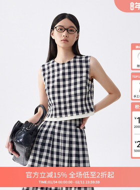 FIVE PLUS衬衫女上衣短衬衣无袖维希格纹复古气质女夏装