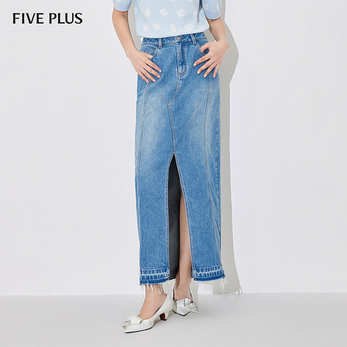 FIVE PLUS牛仔半身裙女直筒裙子长裙开叉做旧复古新款女夏装