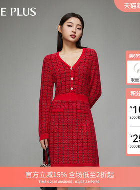 FIVE PLUS小香风针织连衣裙女裙子修身V领法式千金女冬装