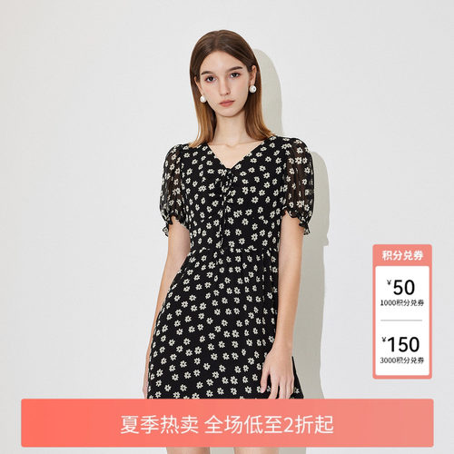 FIVEPLUS连衣雪纺印花裙V领短裙