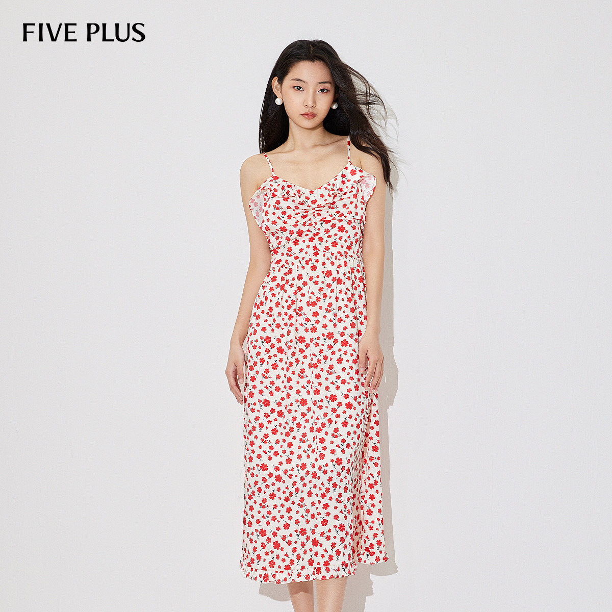 FIVE PLUS连衣裙女碎花吊带裙中长裙子荷叶边高腰新款女夏装图片