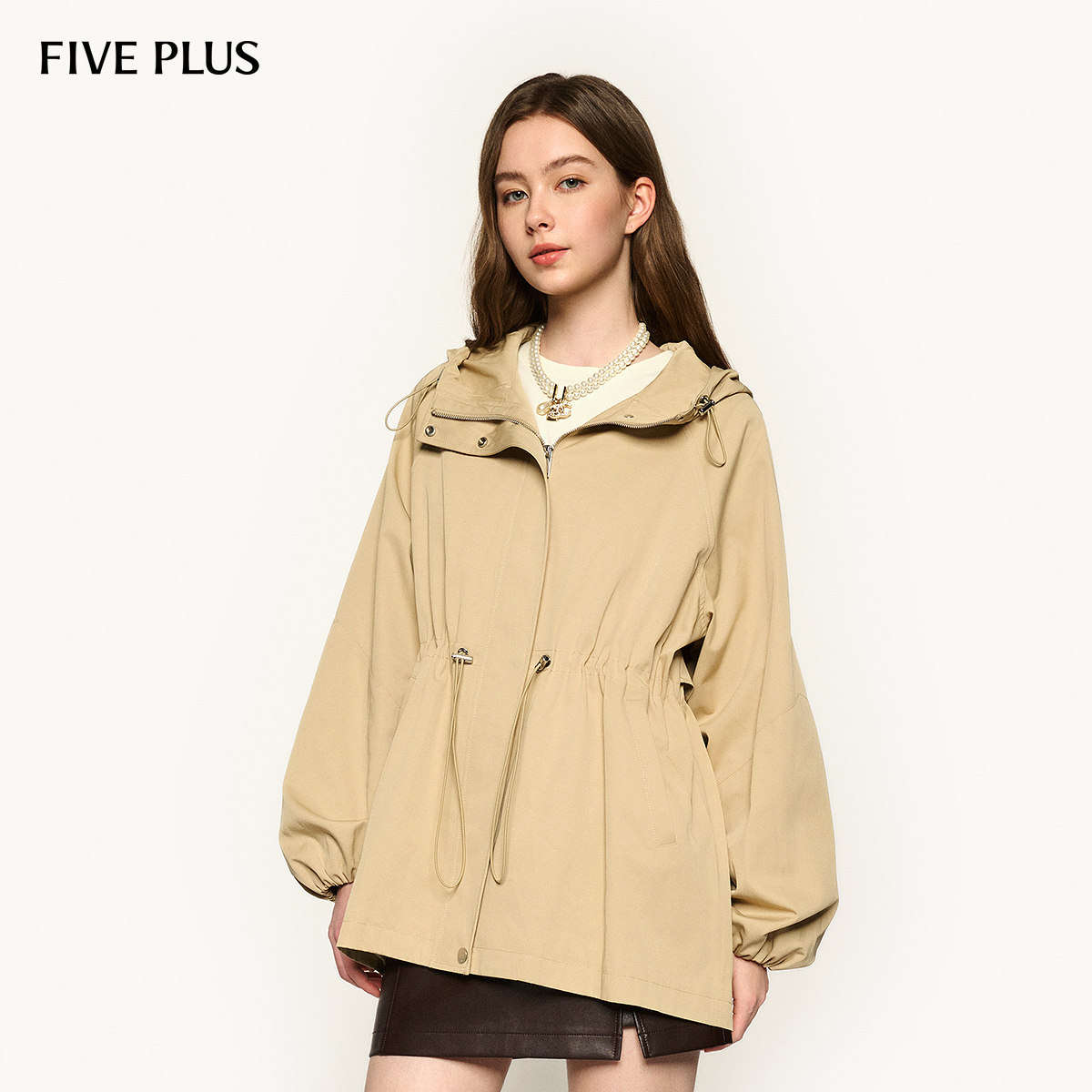 FIVE PLUS通勤连帽风衣女潮酷工装款中长外套宽松女春装