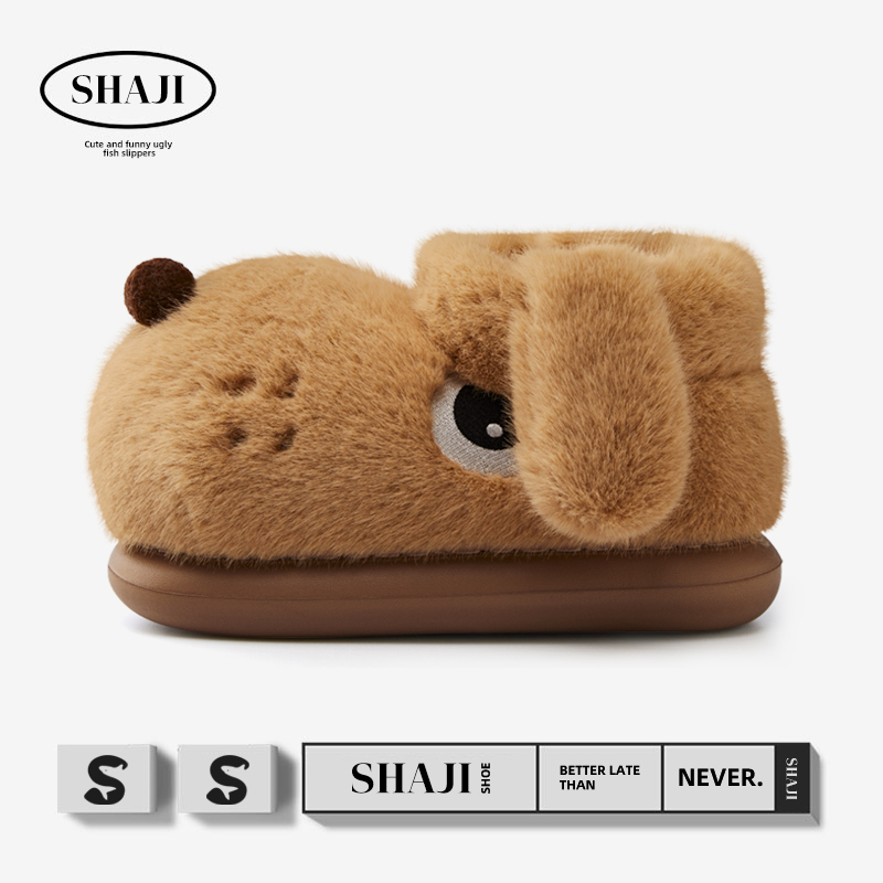 可爱小狗棉拖鞋女冬季室内家居外穿情侣毛绒保暖棉靴包跟棉鞋男士