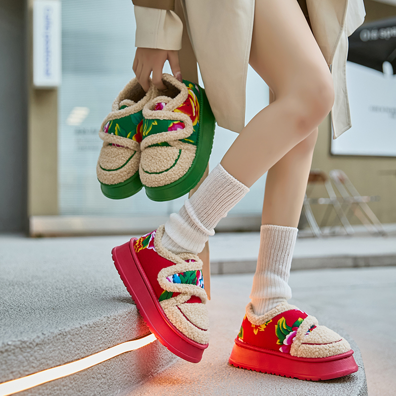 鲨际民族风棉拖鞋包跟棉鞋外穿