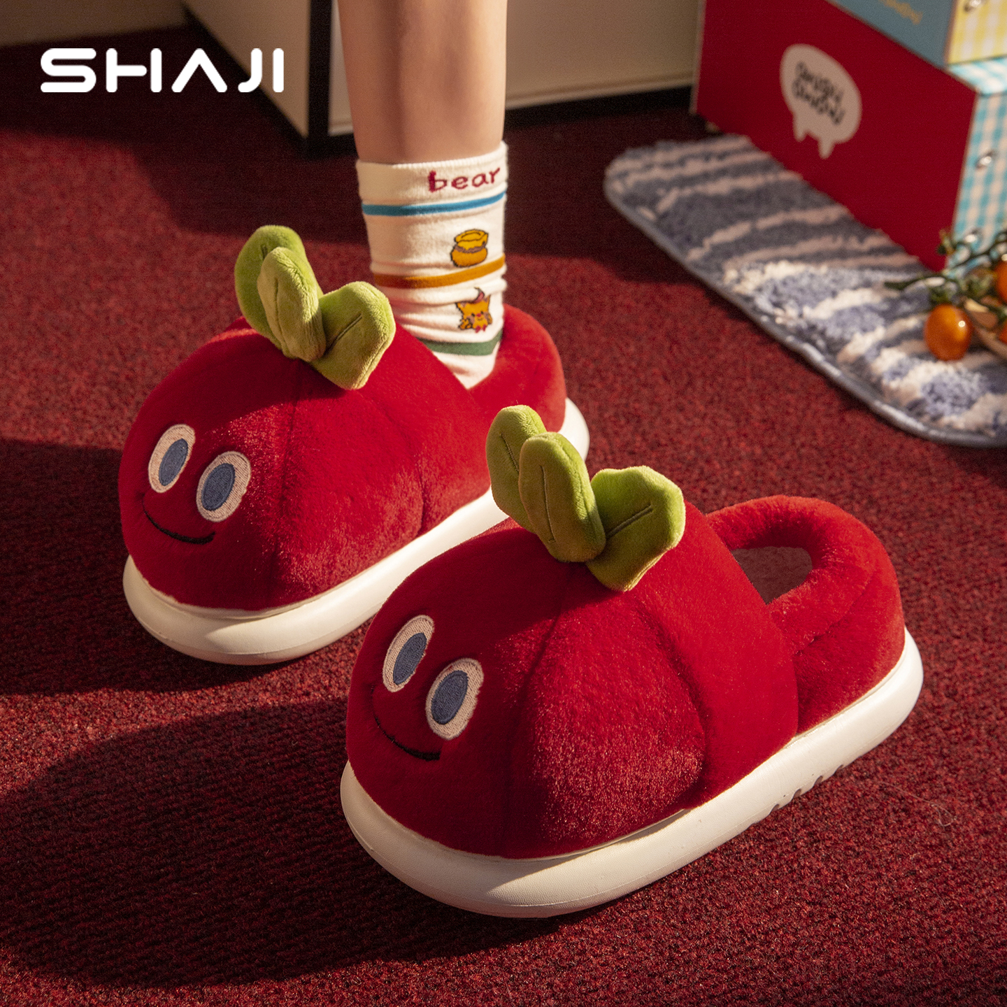 鲨际胡萝卜棉拖鞋包跟保暖