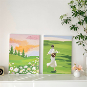 春天来了 简约油画桌面拍照背景 ins风春游少女实木相框摆件挂画